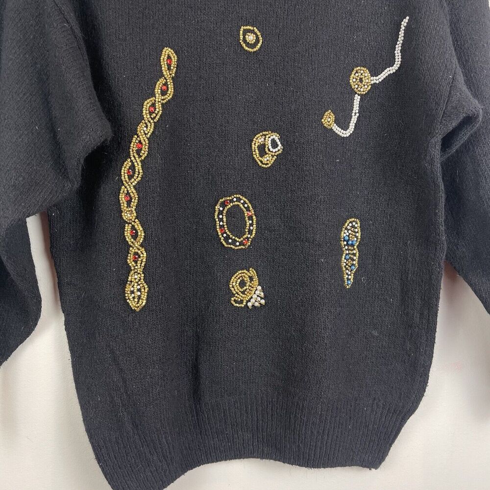 Vintage 90s Black‎ Silk Blend Sweater Multi-Color Beaded Anytime Glitz Small - Picture 4 of 9